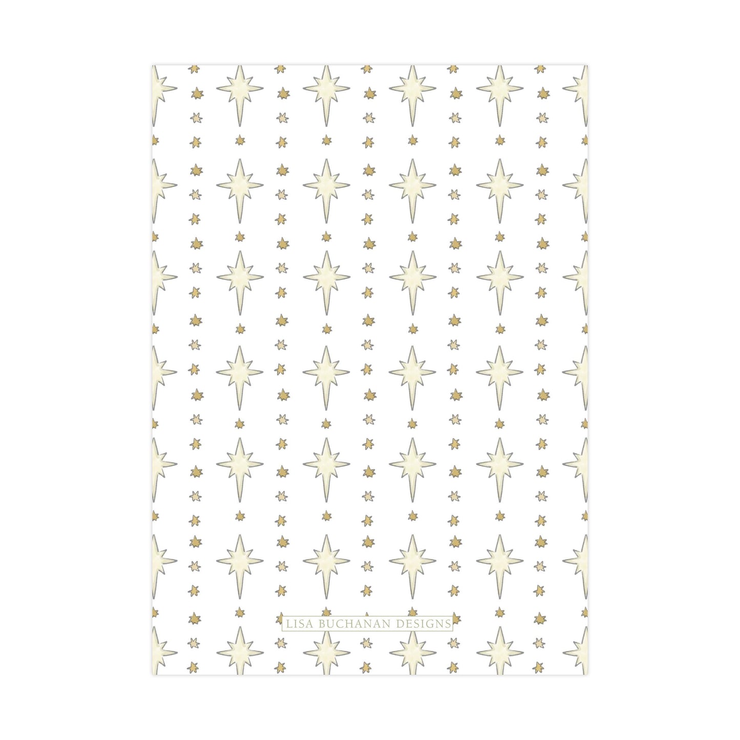 a repeating pattern of white stars and small gold dots on a white background.