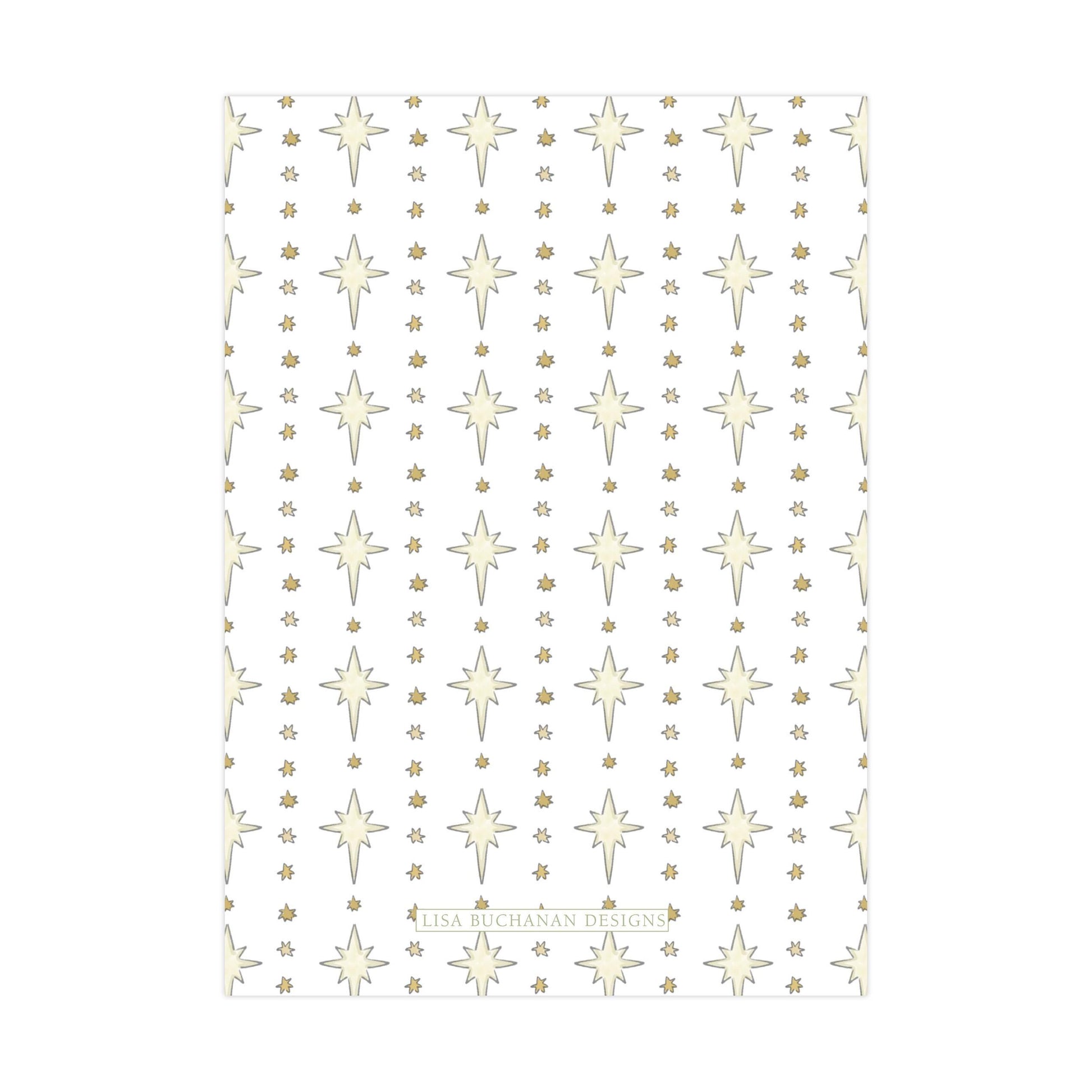 a repeating pattern of white stars and small gold dots on a white background.