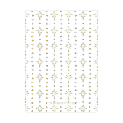 a repeating pattern of white stars and small gold dots on a white background.