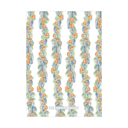 a repeating pattern of orange and green pine branches and pine needles arranged in a vertical line.