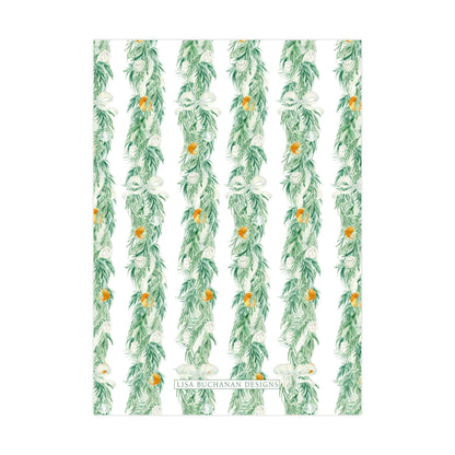 a repeating pattern of green leaves and orange flowers, creating a visually appealing and harmonious design.