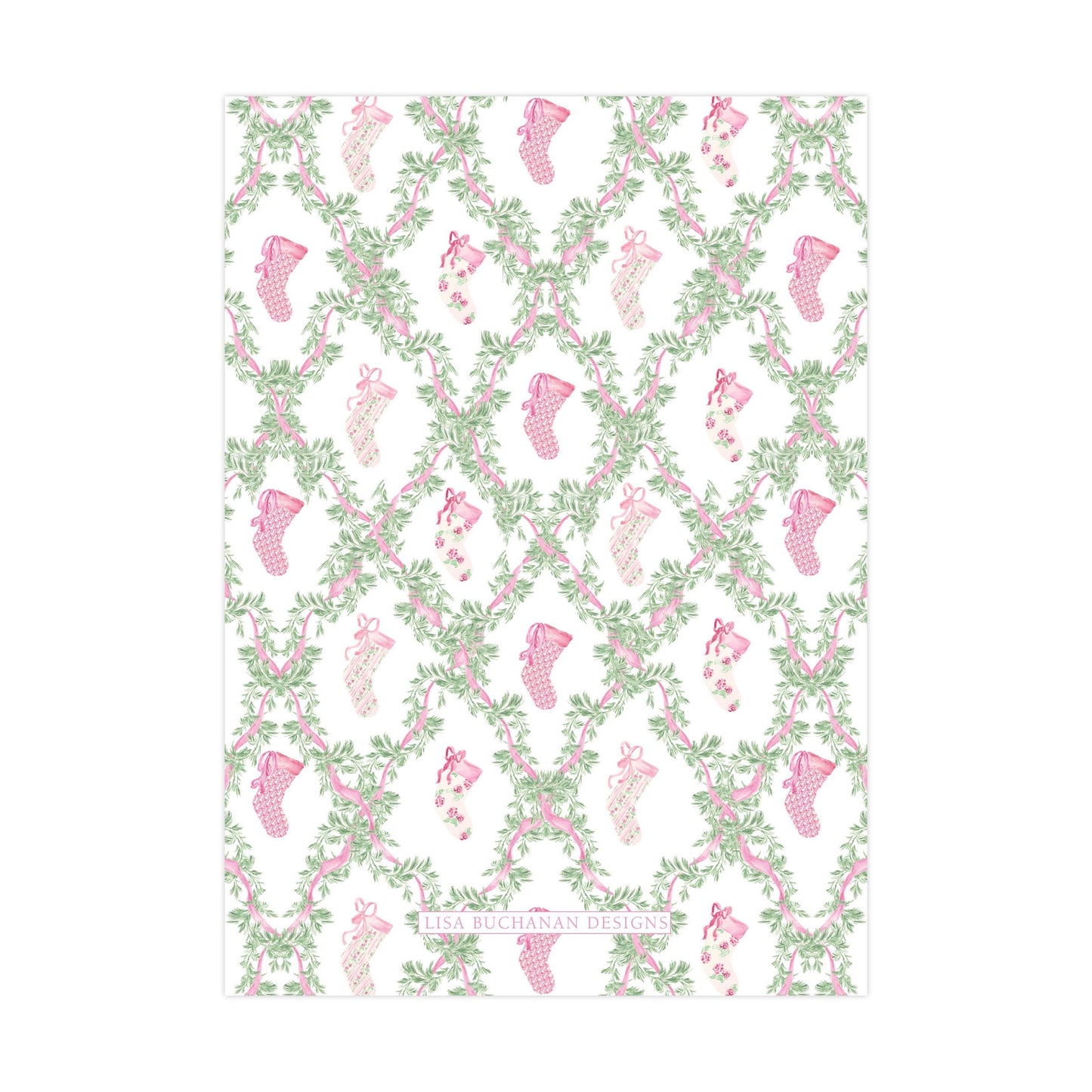 a repeating pattern of pink and green floral designs, including small pink and green socks, arranged in a grid-like pattern.