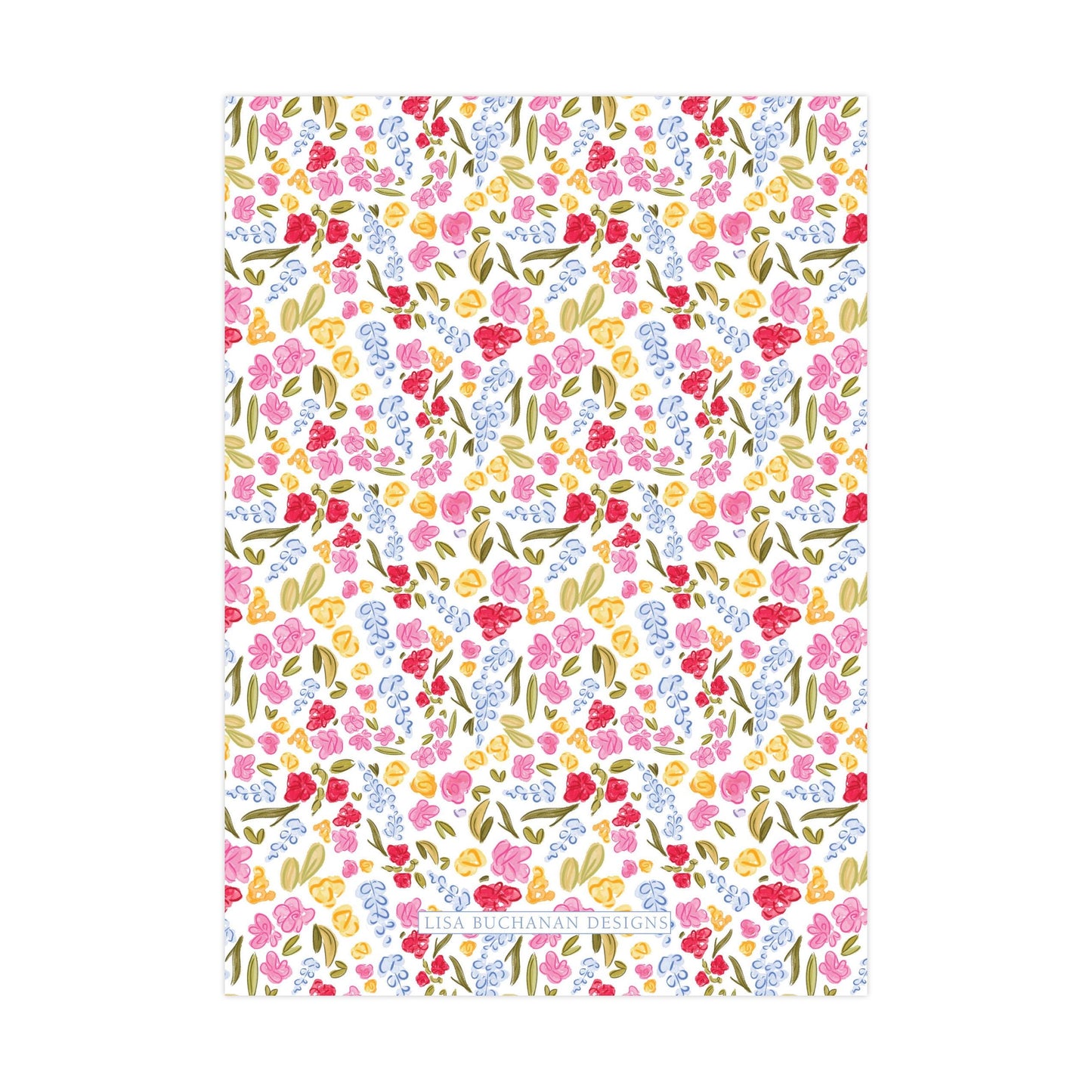 The image is a colorful and vibrant pattern featuring various flowers and leaves in shades of pink, yellow, and green.