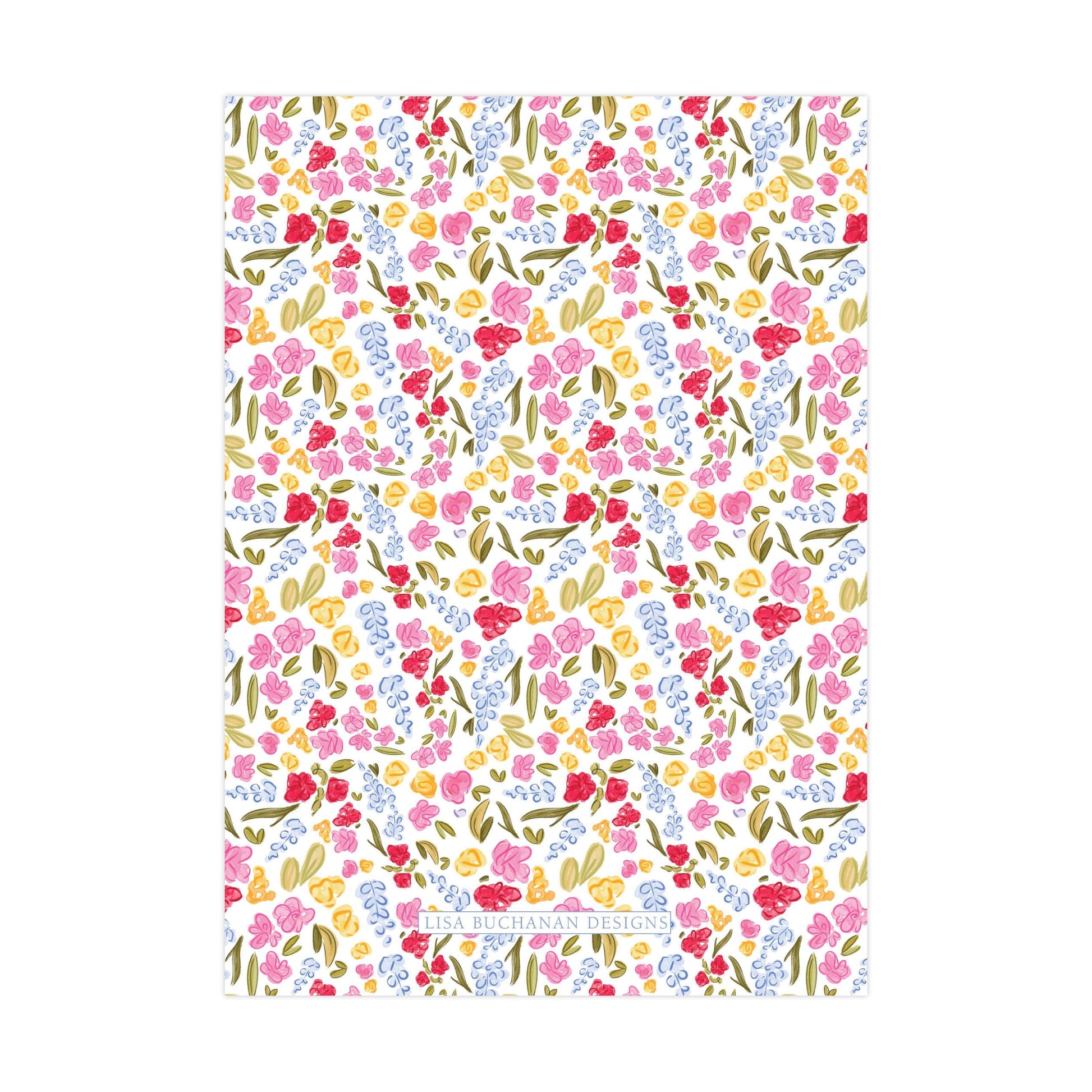 The image is a colorful and vibrant pattern featuring various flowers and leaves in shades of pink, yellow, and green.