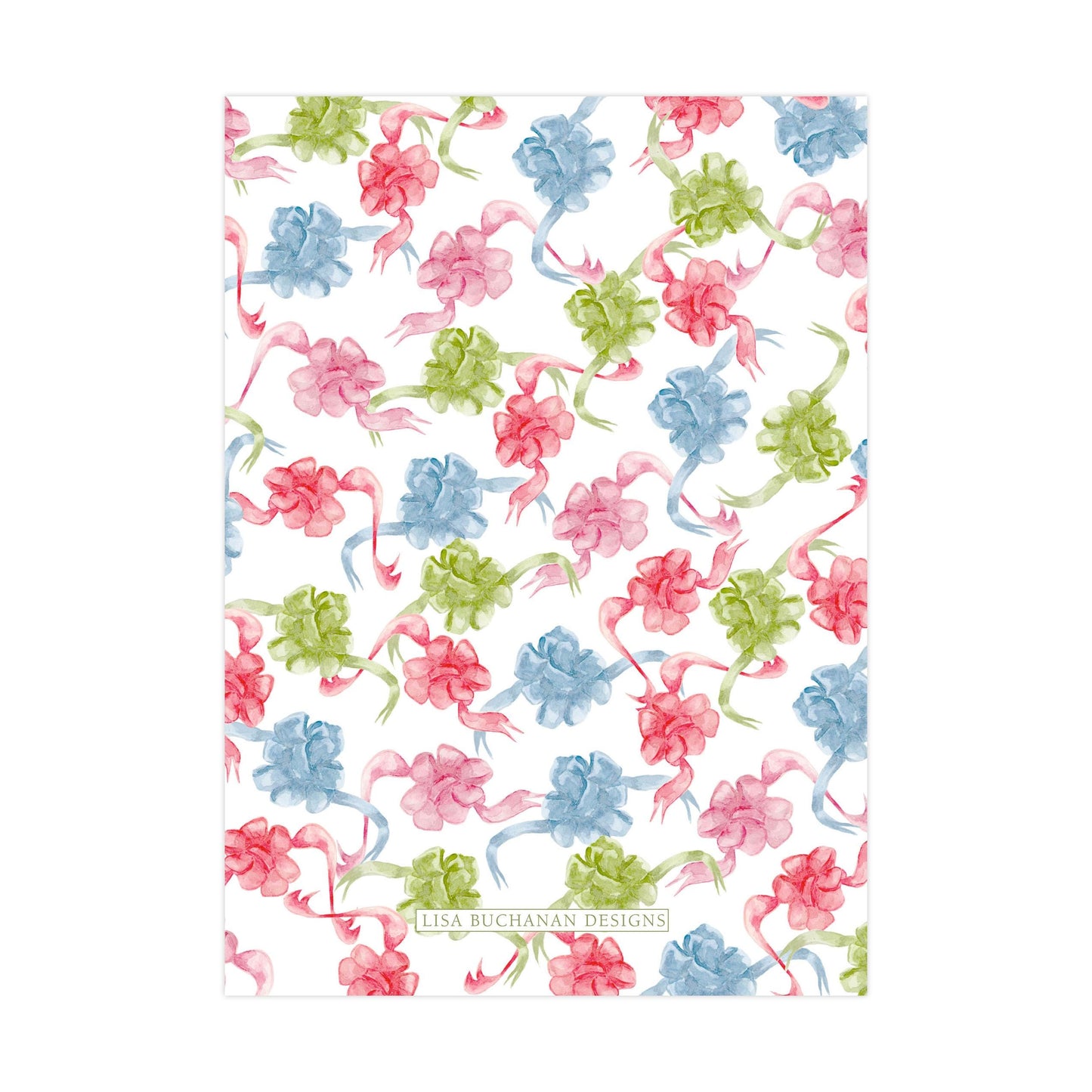 a repeating pattern of pink, blue, and green flowers on a white background.