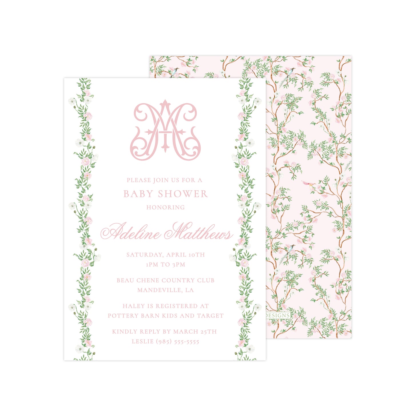 CHINOISERIE GARLAND - PINK BACK | BABY SHOWER INVITATION