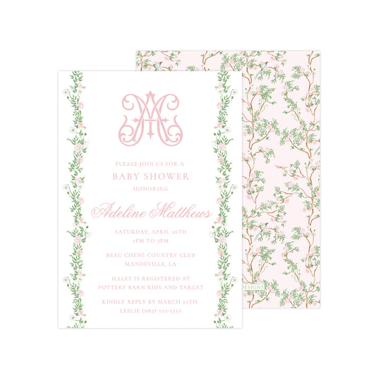CHINOISERIE GARLAND - PINK BACK | BABY SHOWER INVITATION
