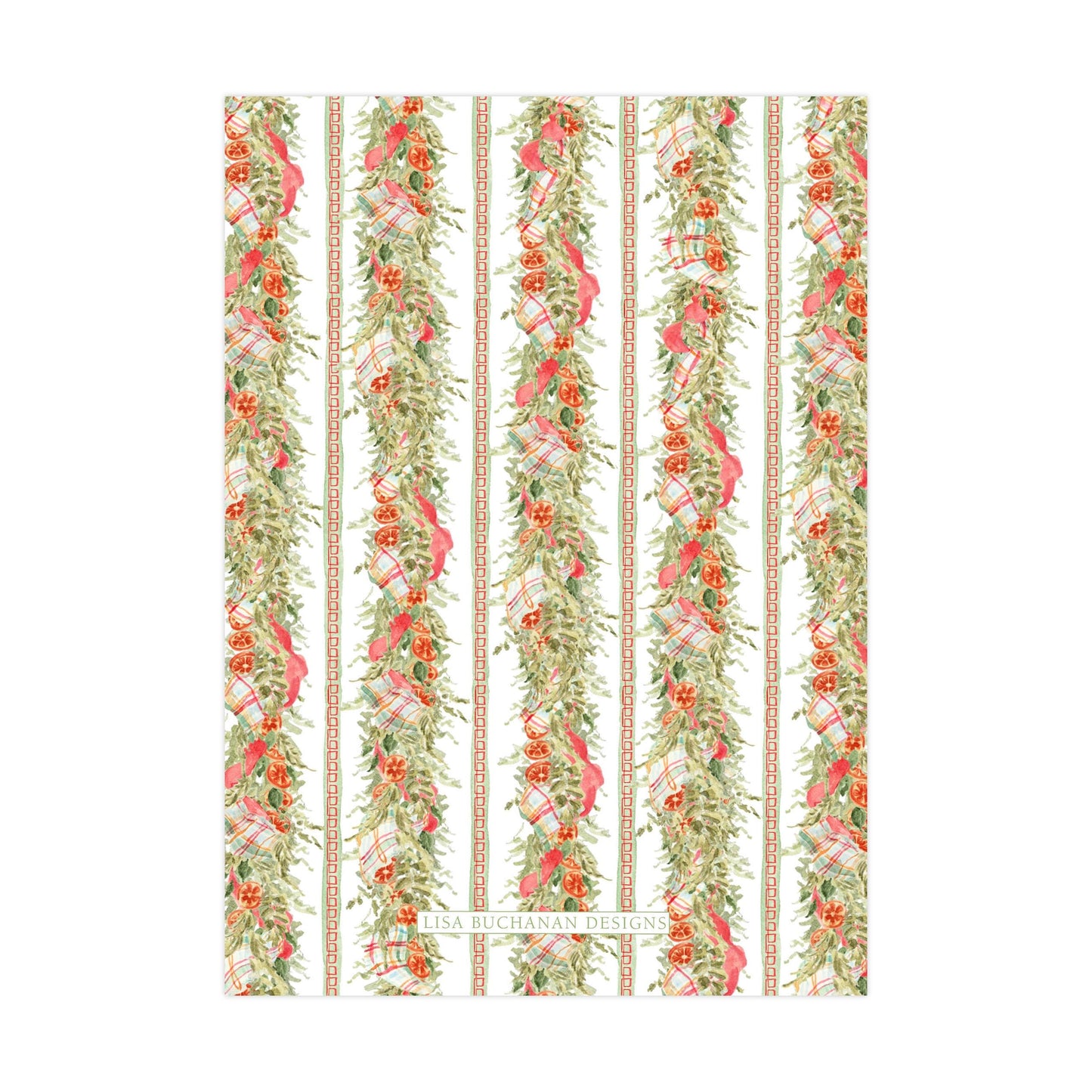 a repeating pattern of vertical stripes with a floral design, including red and green elements.