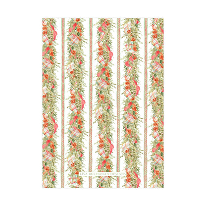 a repeating pattern of vertical stripes with a floral design, including red and green elements.