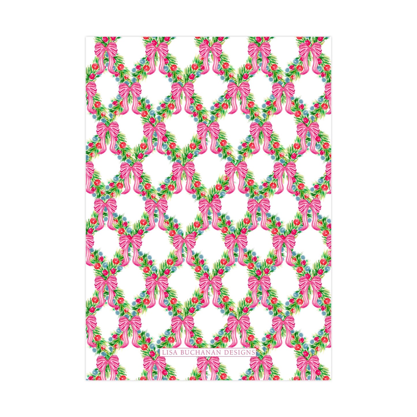 a repeating pattern of pink bows and green leaves on a white background.