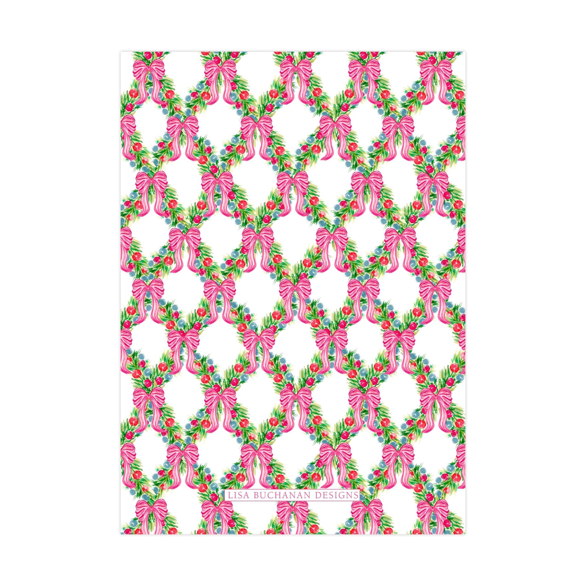 a repeating pattern of pink bows and green leaves on a white background.