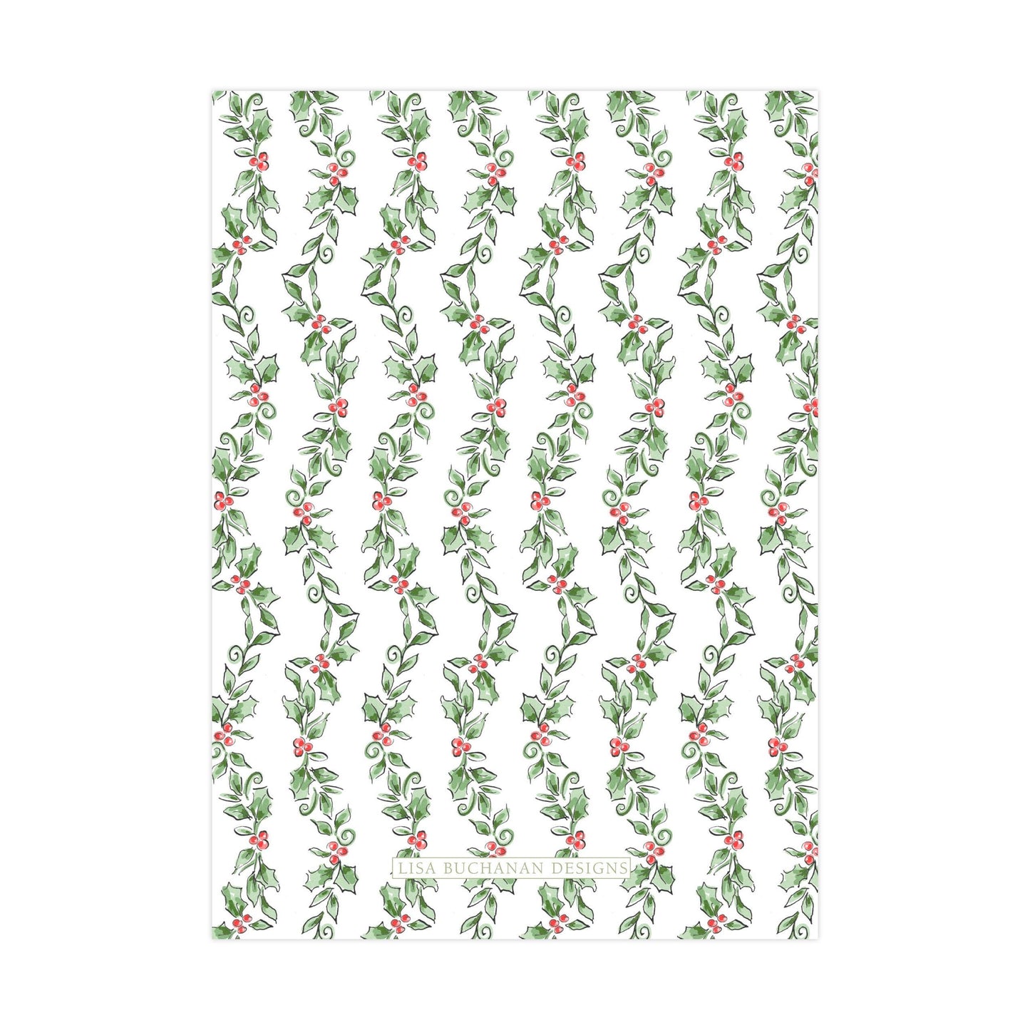 a repeating pattern of green holly leaves and red berries on a white background.