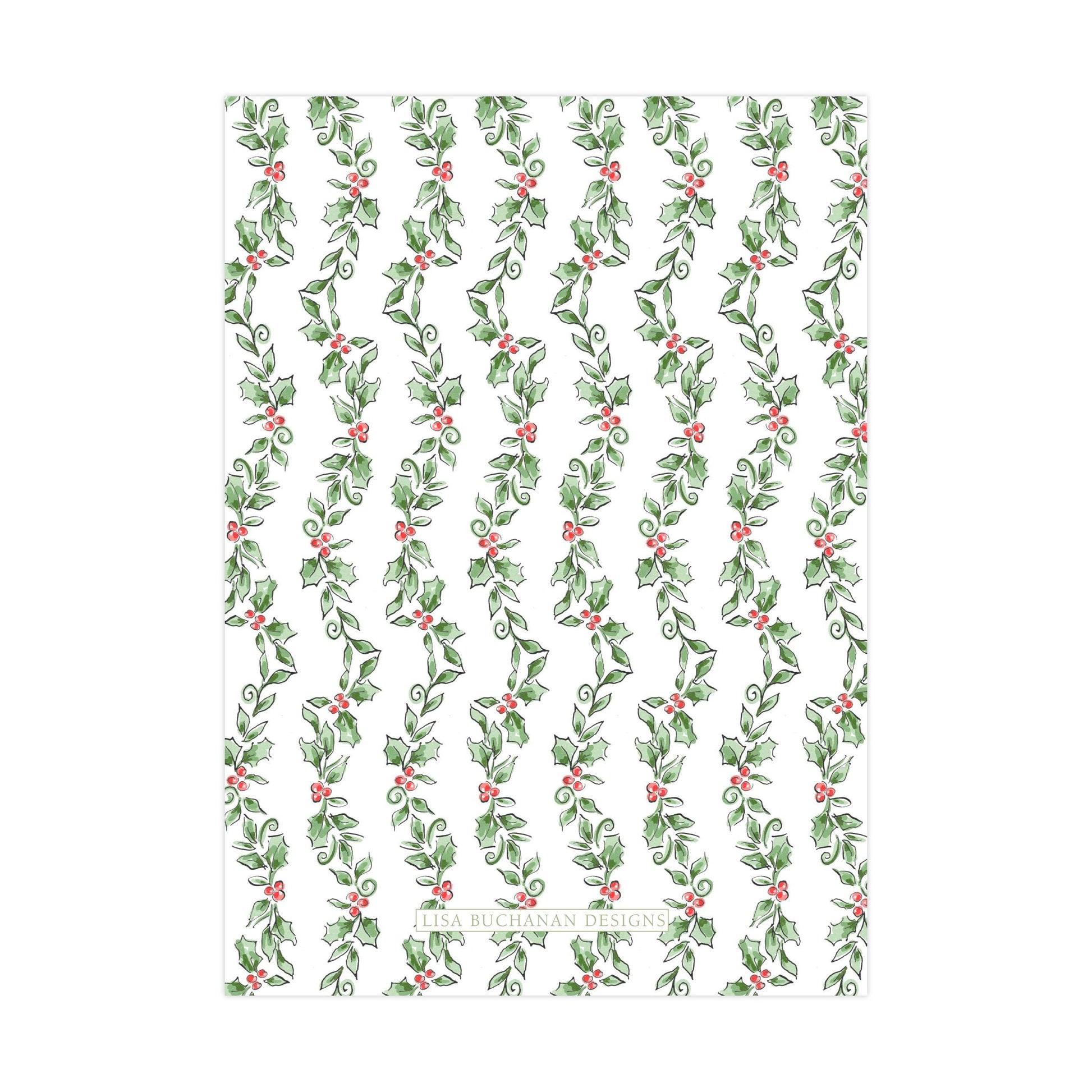 a repeating pattern of green holly leaves and red berries on a white background.