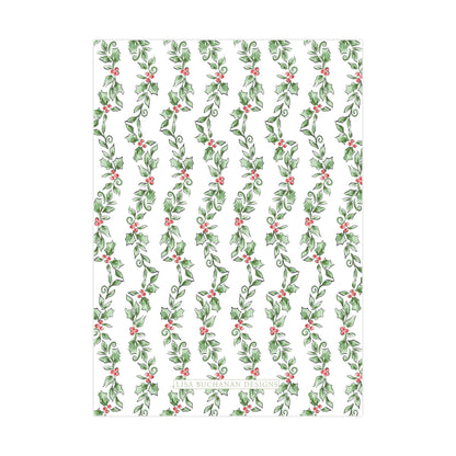 a repeating pattern of green holly leaves and red berries on a white background.