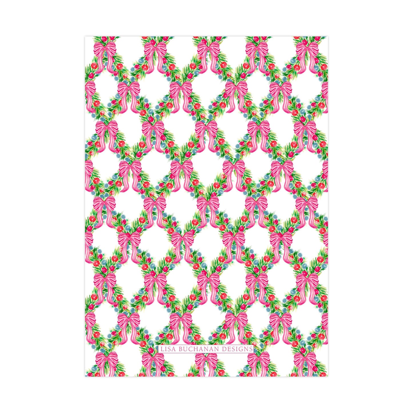 a repeating pattern of pink bows and green leaves on a white background.
