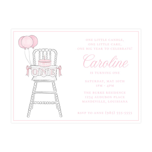 PINK & WHITE HIGHCHAIR 1ST BIRTHDAY | INVITATION