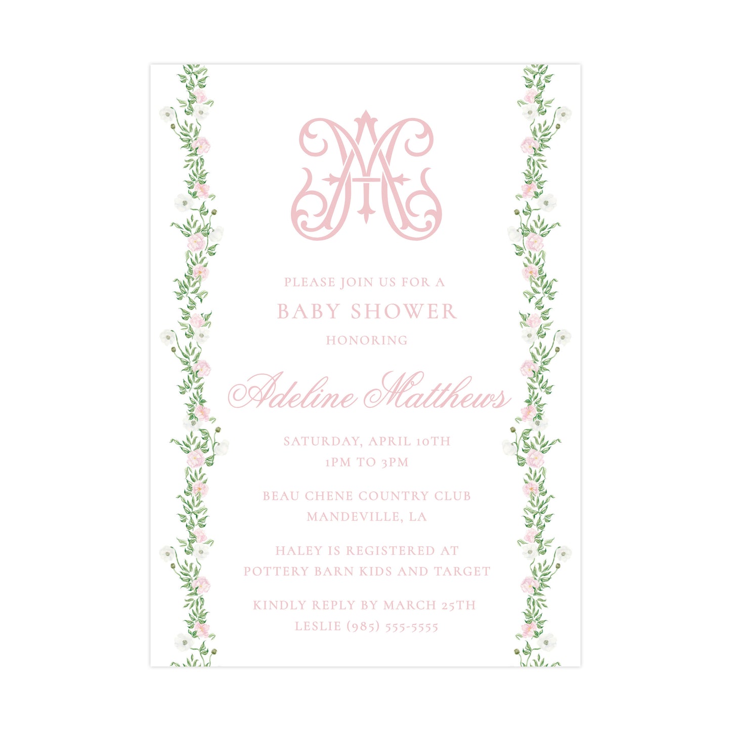 CHINOISERIE GARLAND - WHITE BACK | BABY SHOWER INVITATION