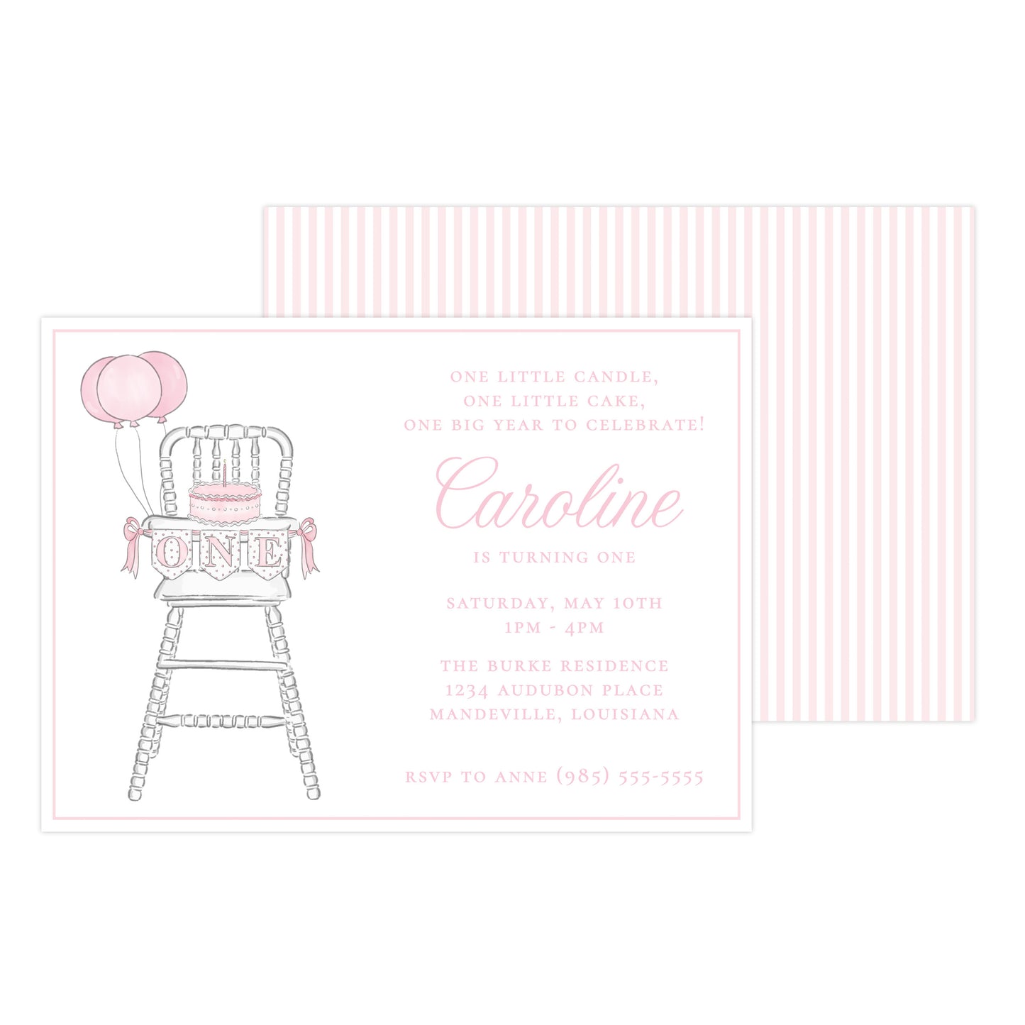 PINK & WHITE HIGHCHAIR 1ST BIRTHDAY | INVITATION