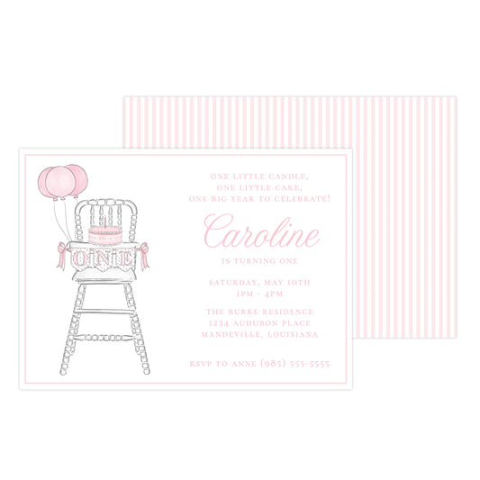 PINK & WHITE HIGHCHAIR 1ST BIRTHDAY | INVITATION