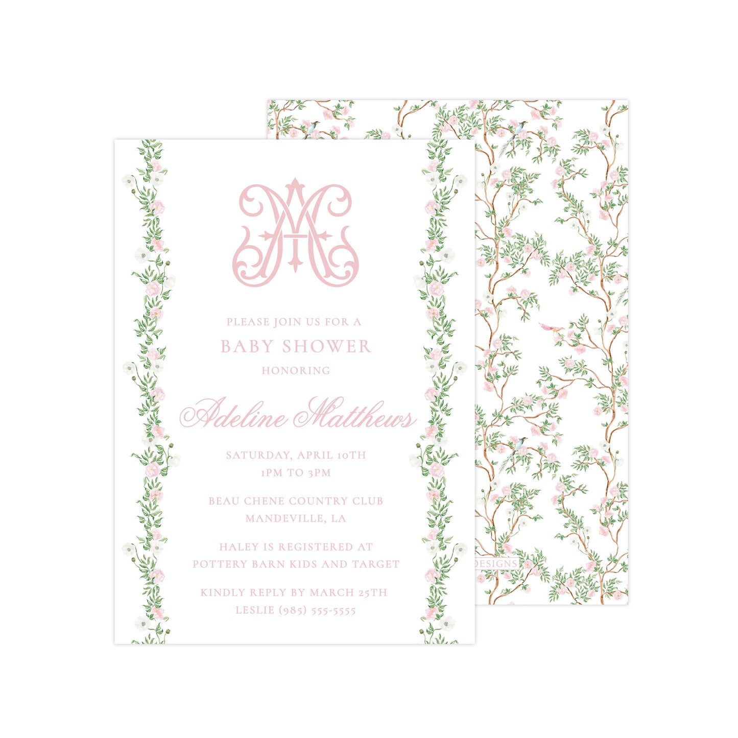 CHINOISERIE GARLAND - WHITE BACK | BABY SHOWER INVITATION
