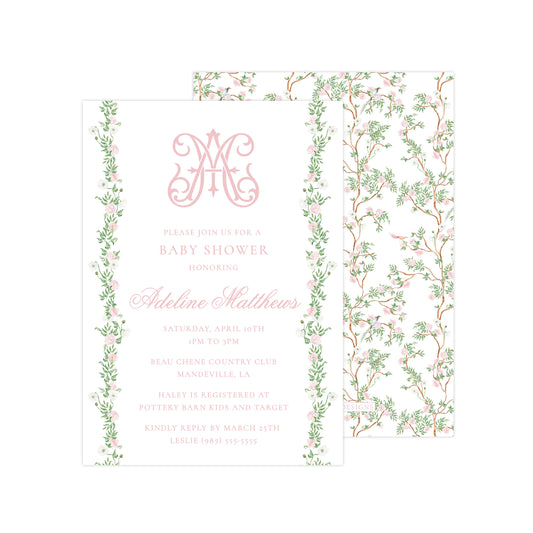 CHINOISERIE GARLAND - WHITE BACK | BABY SHOWER INVITATION