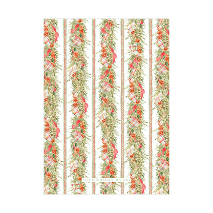 a repeating pattern of green and red floral and plaid designs on a white background.