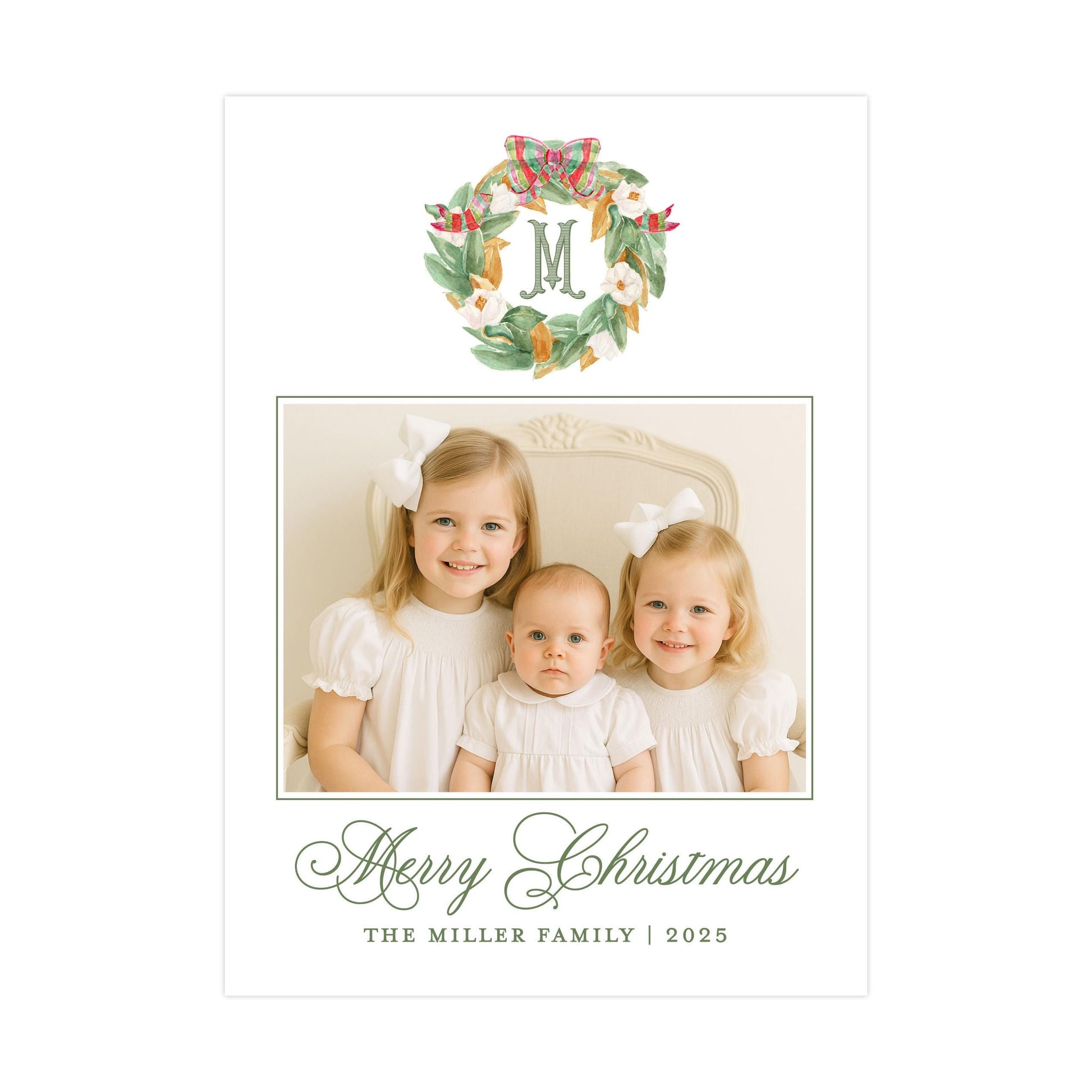 A family photo of three young girls, likely sisters, posing together for a Christmas card. The card has a wreath design and a message wishing the recipient a Merry Christmas.