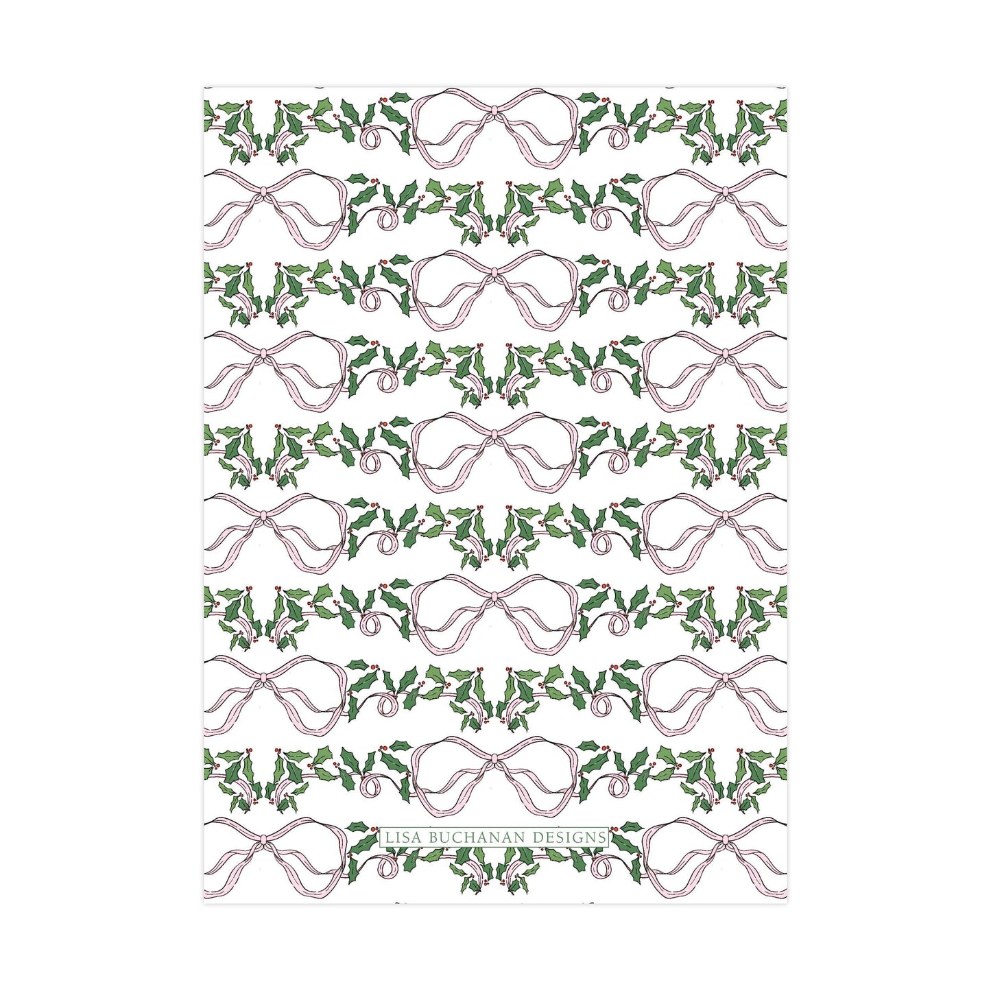 a repeating pattern of pink bows and green holly leaves on a white background.