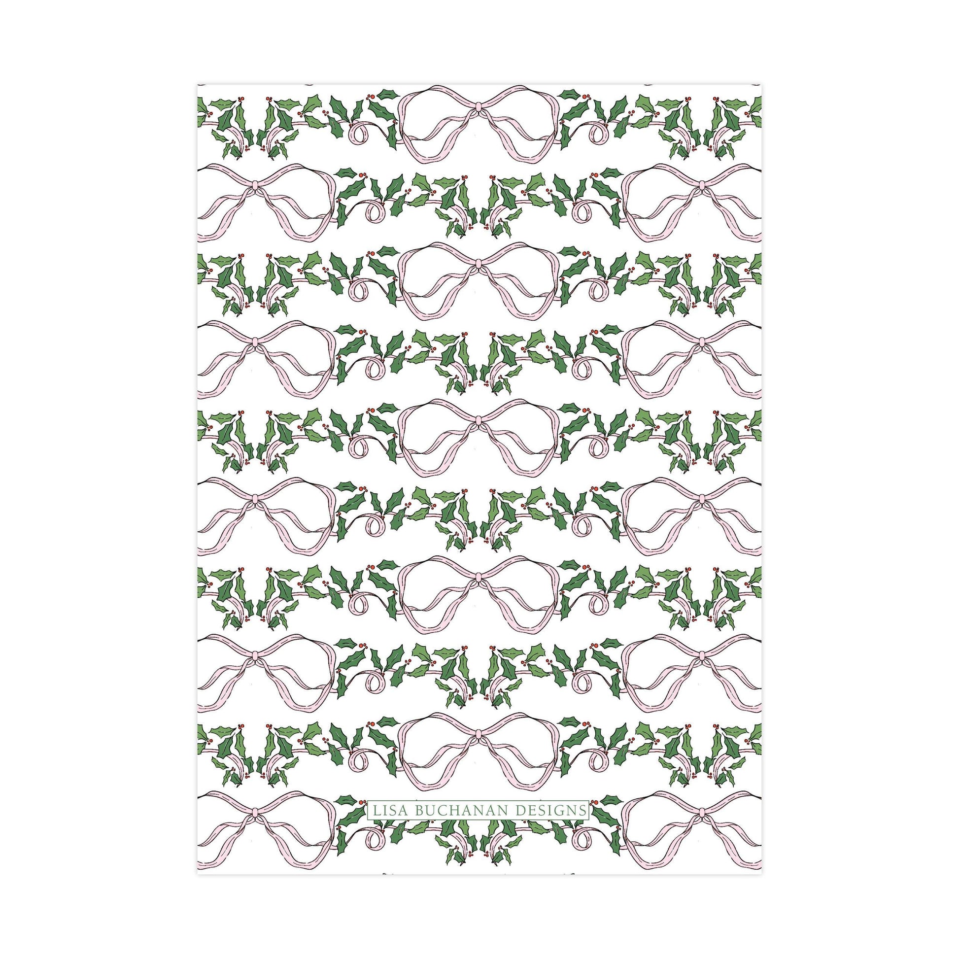 a repeating pattern of pink bows and green holly leaves on a white background.