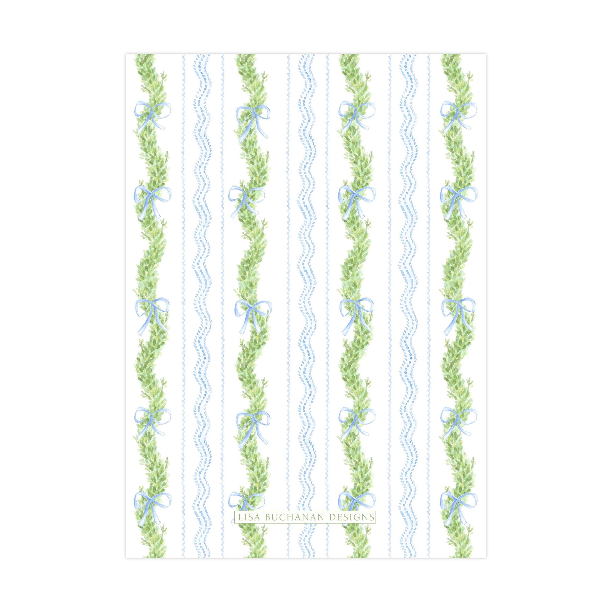 a repeating pattern of green leaves and blue ribbons, creating a visually appealing and decorative design.