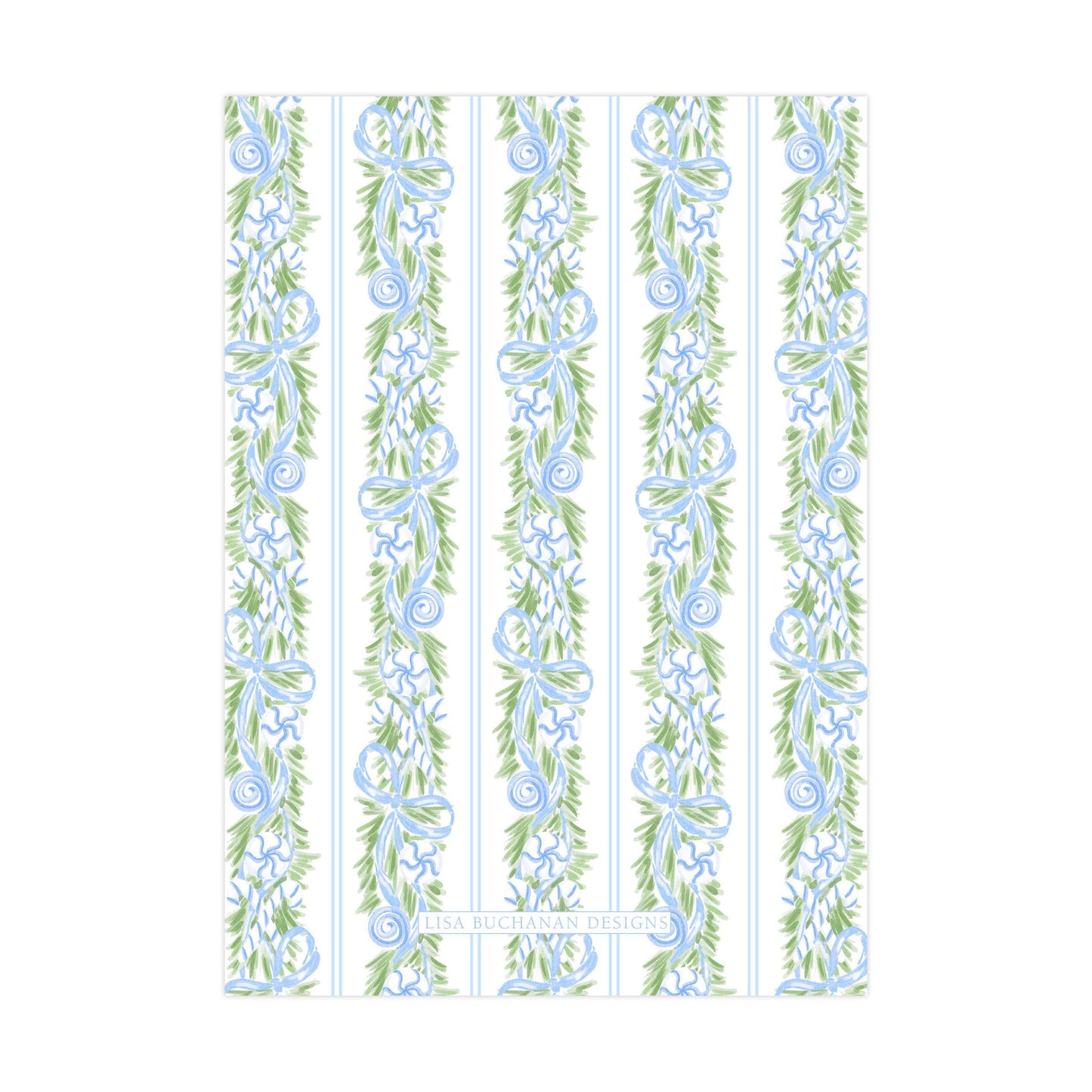 a repeating pattern of blue and green floral designs on vertical stripes.