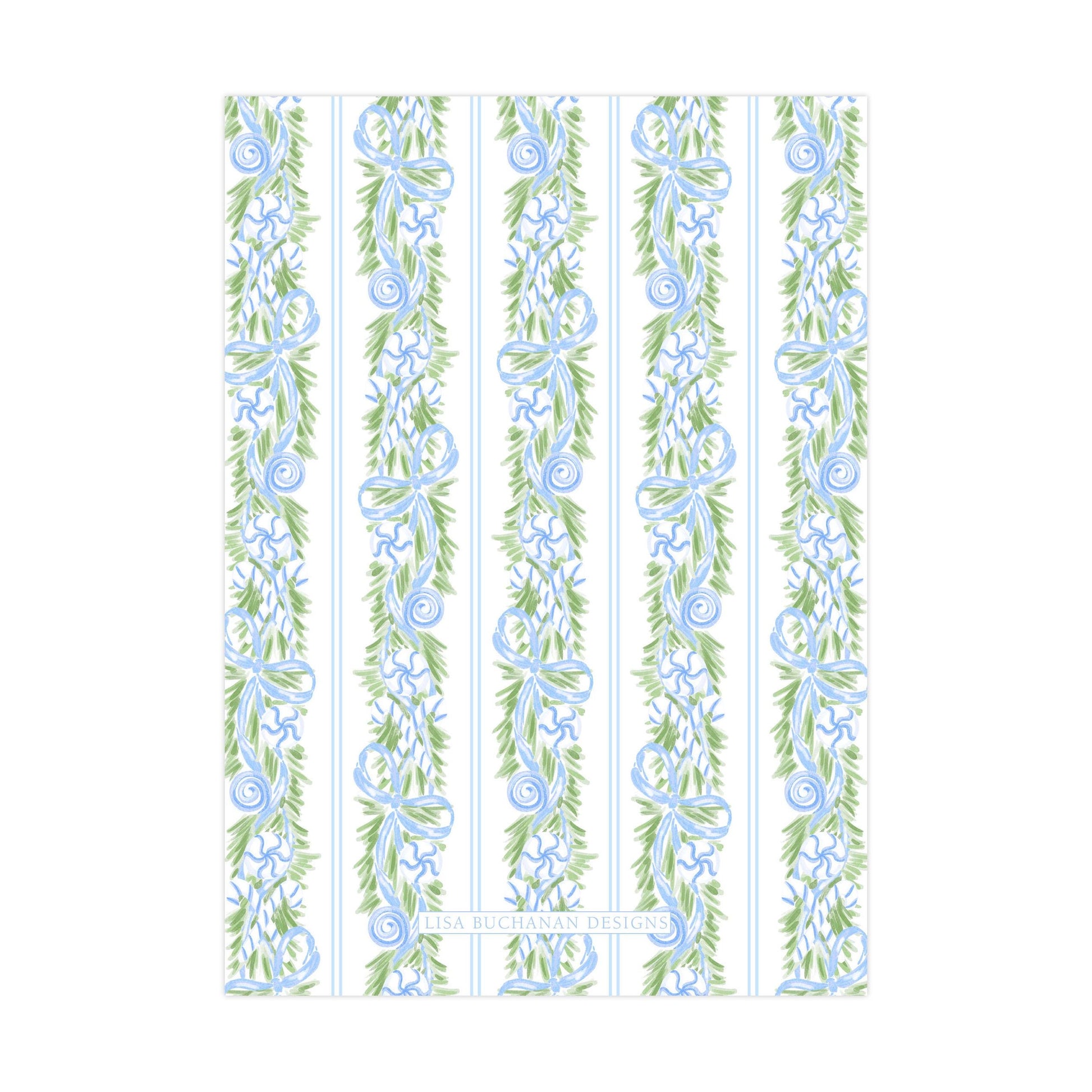 a repeating pattern of blue and green floral designs on vertical stripes.