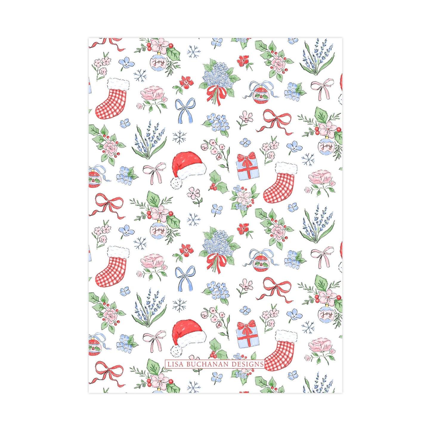 The image is a repeating pattern of various Christmas-themed illustrations, including Santa hats, stockings, flowers, and presents, all in a vibrant color scheme of red, white, and green.