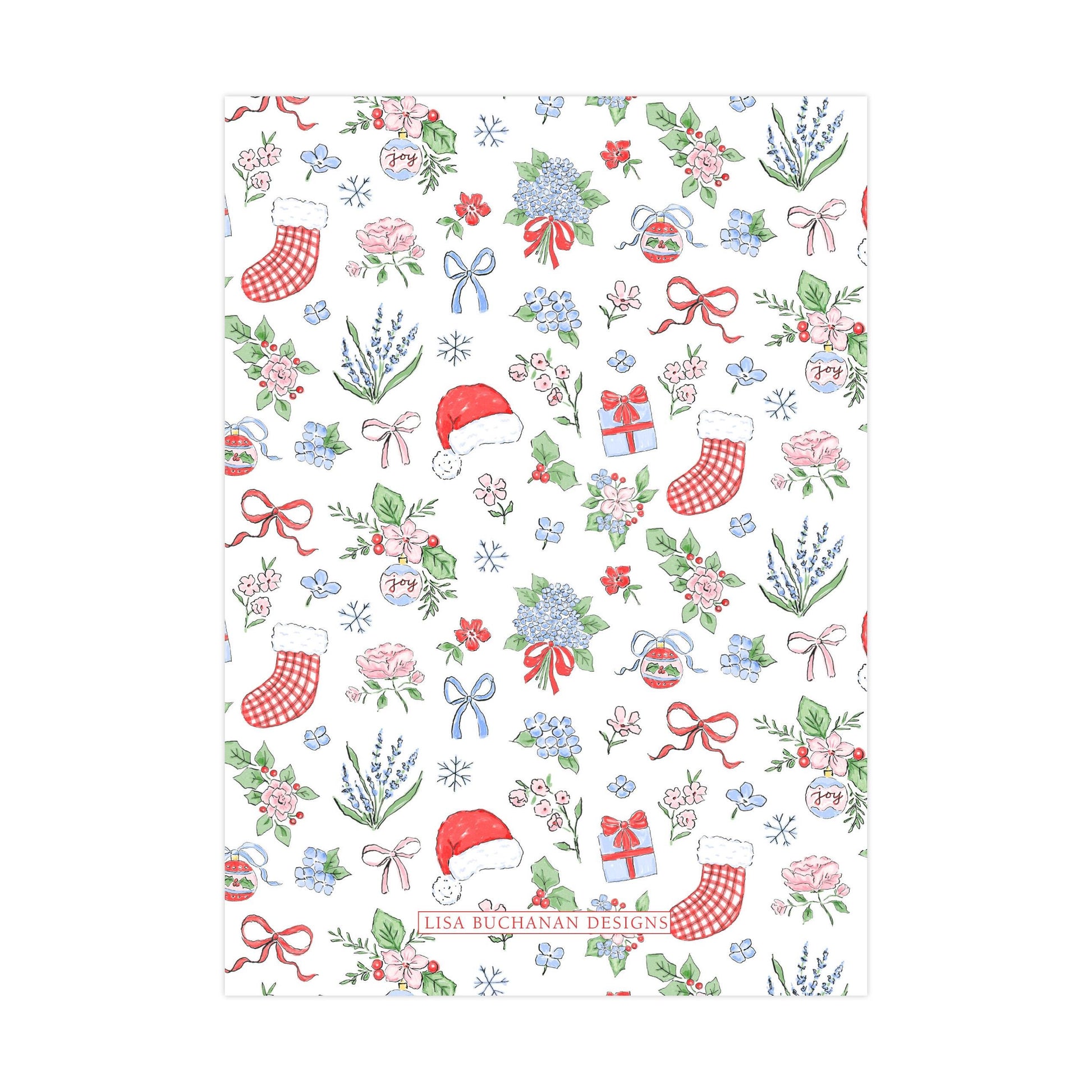 The image is a repeating pattern of various Christmas-themed illustrations, including Santa hats, stockings, flowers, and presents, all in a vibrant color scheme of red, white, and green.