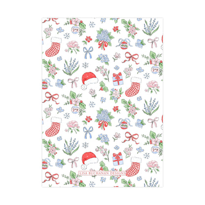 The image is a repeating pattern of various Christmas-themed illustrations, including Santa hats, stockings, flowers, and presents, all in a vibrant color scheme of red, white, and green.
