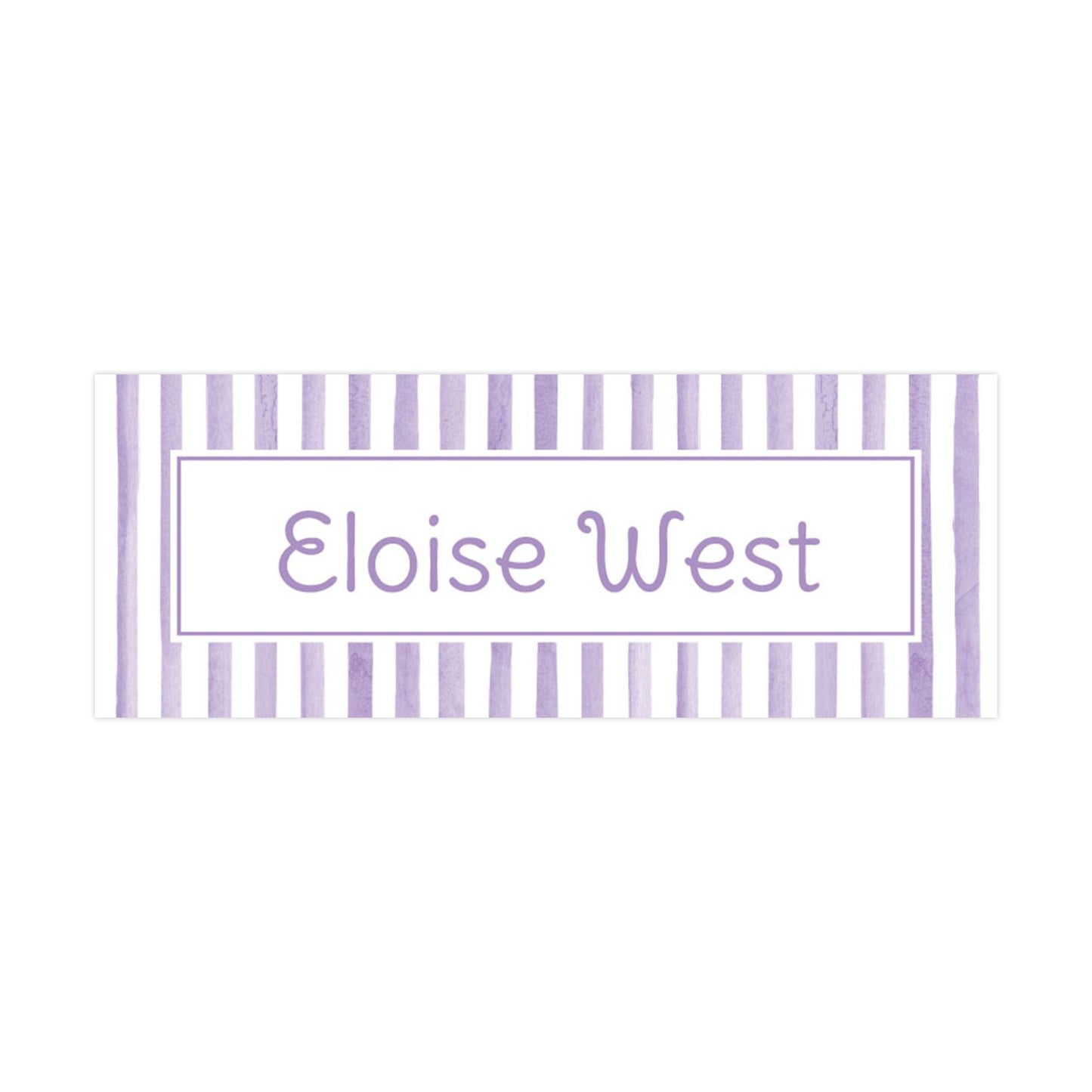 a rectangular label with a purple and white striped border, displaying the name &quot;Eloise West&quot; in a simple, sans-serif font.