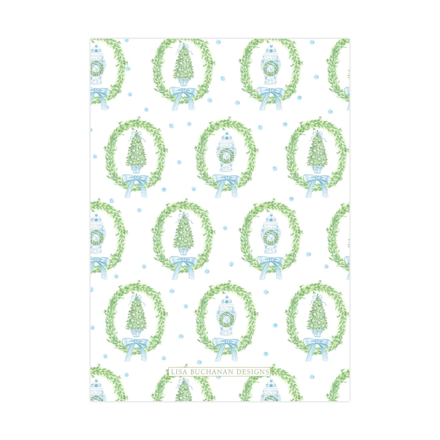 a repeating pattern of Christmas wreaths and trees, with the text &quot;LISA BUCKAN DESIGNS&quot; printed below each wreath.