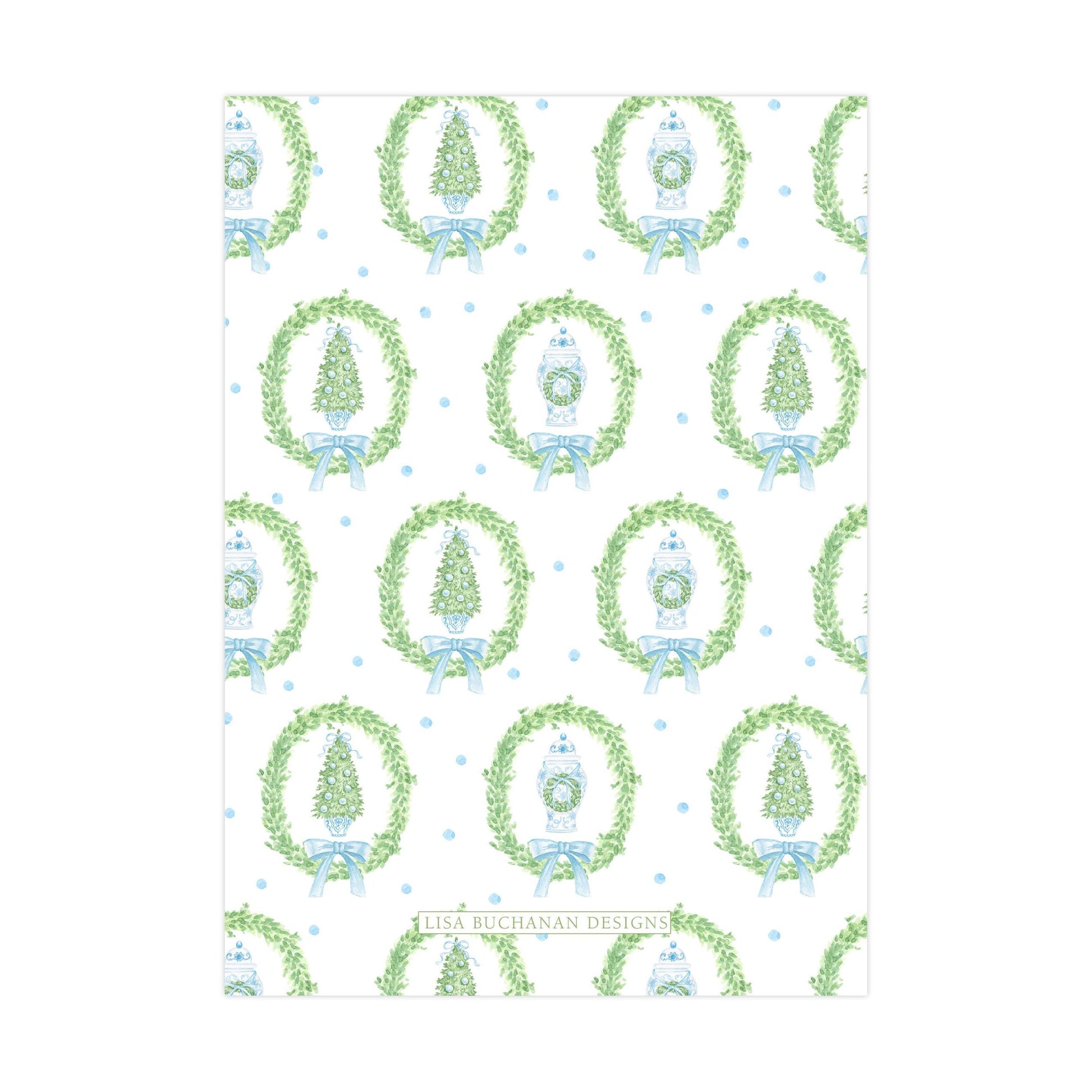 a repeating pattern of Christmas wreaths and trees, with the text &quot;LISA BUCKAN DESIGNS&quot; printed below each wreath.