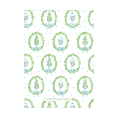 a repeating pattern of Christmas wreaths and trees, with the text &quot;LISA BUCKAN DESIGNS&quot; printed below each wreath.
