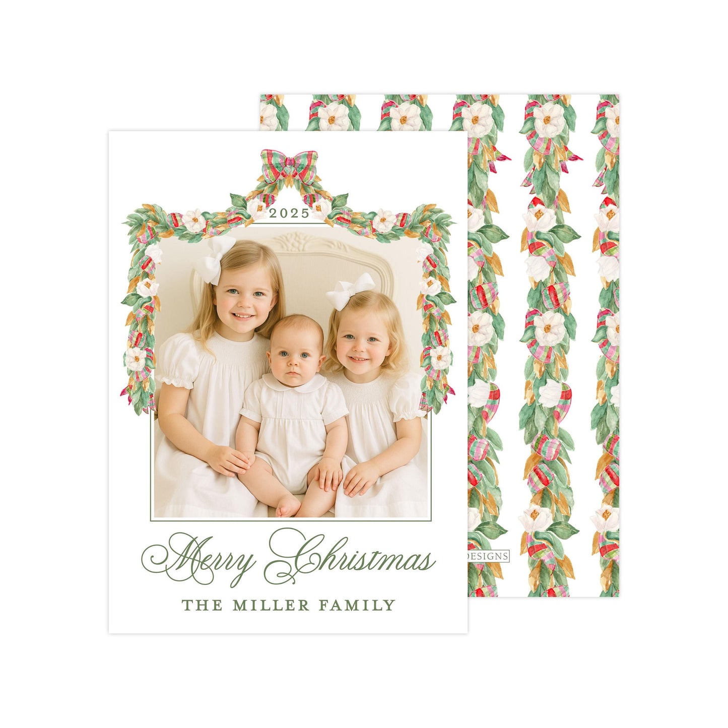 A family photo of three young girls, likely sisters, sitting together and smiling for a Christmas card.