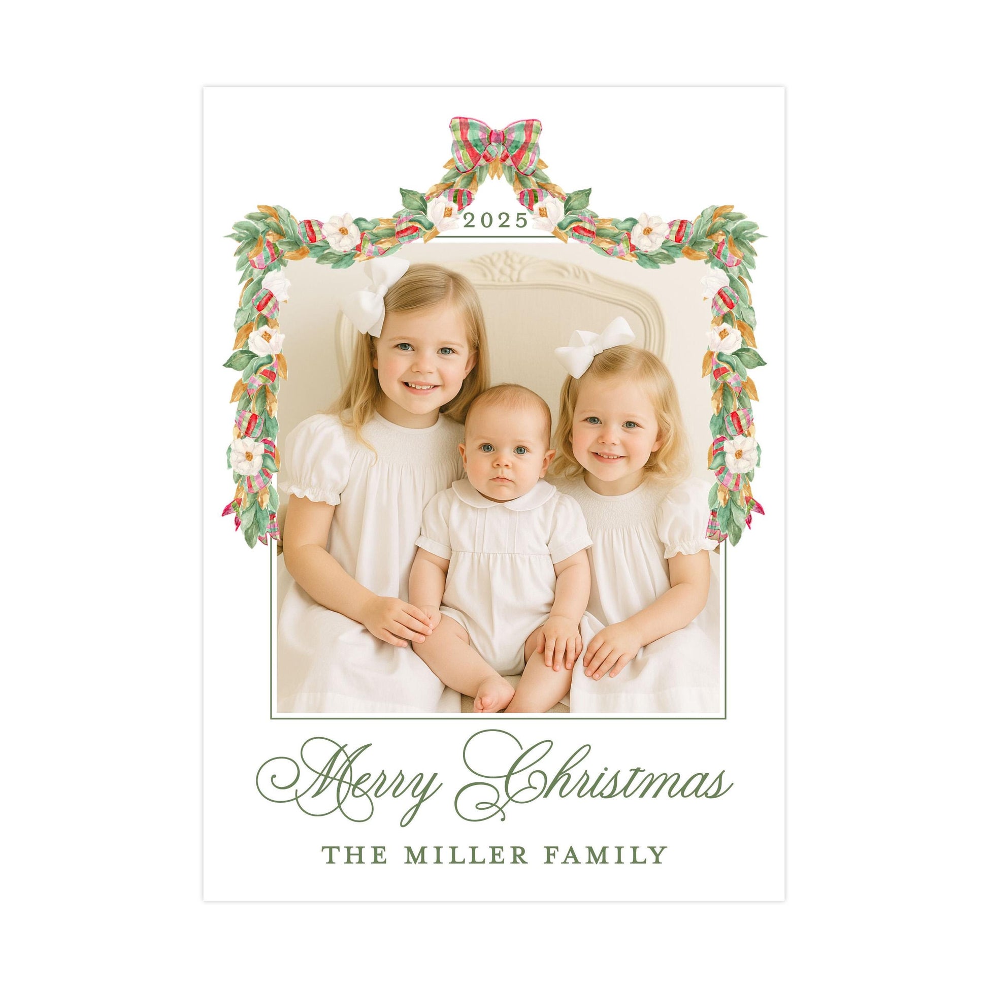 A family portrait of three young girls in white dresses, with a floral border and the text &quot;Merry Christmas&quot; and &quot;The Miller Family&quot; at the bottom.