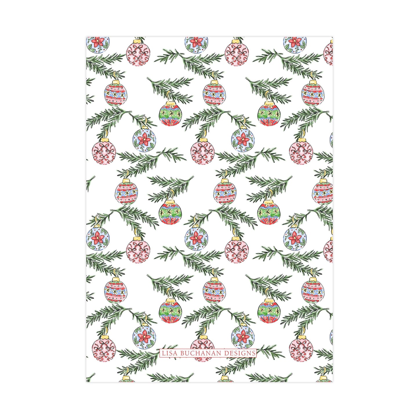 a repeating pattern of Christmas ornaments and pine branches on a white background.