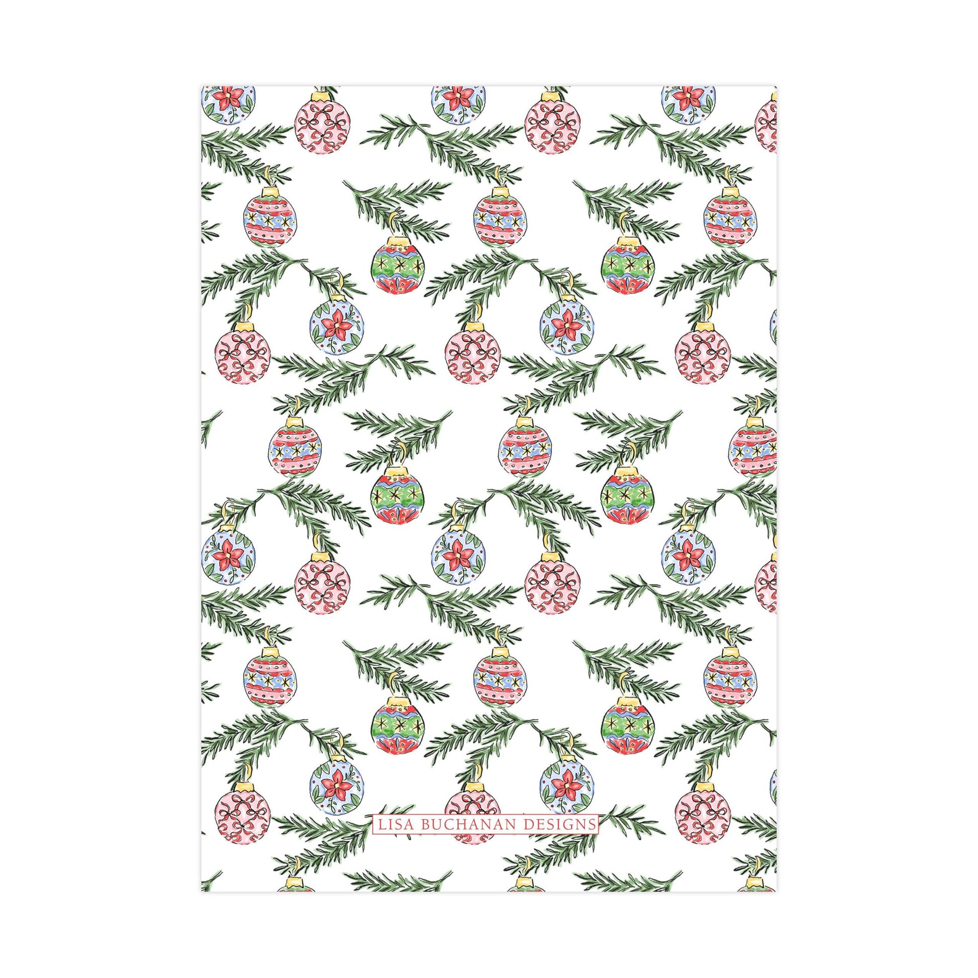 a repeating pattern of Christmas ornaments and pine branches on a white background.