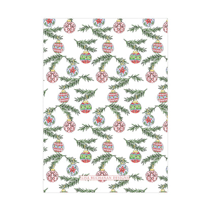 a repeating pattern of Christmas ornaments and pine branches on a white background.