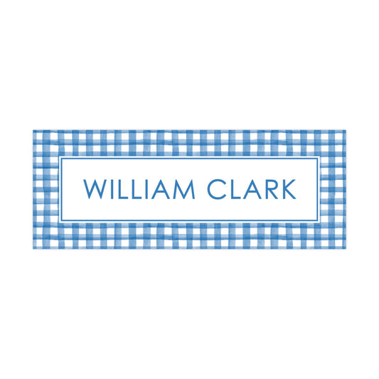 a blue and white checkered pattern with the name &quot;William Clark&quot; written in a blue font within a blue frame.