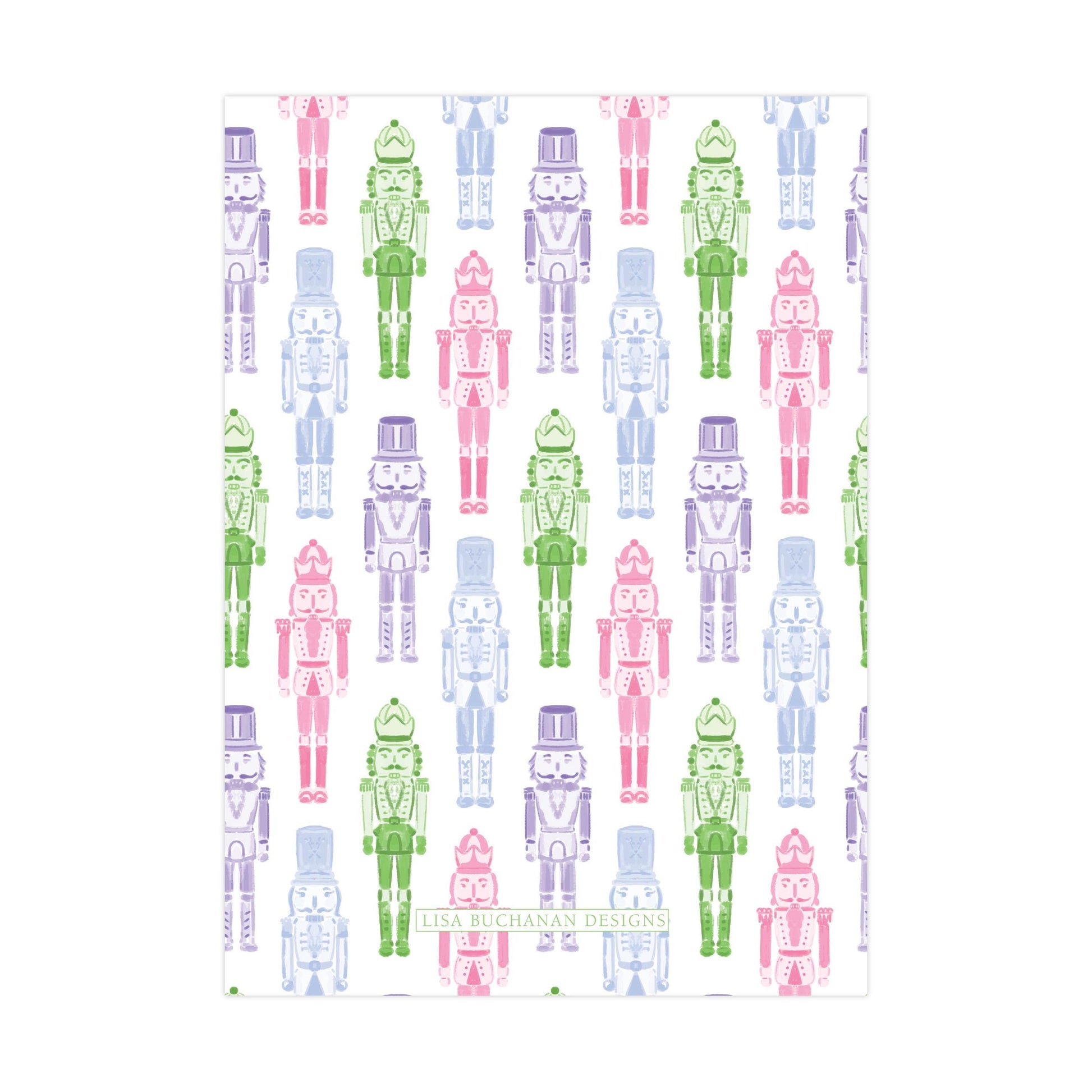 a repeating pattern of nutcracker figures in various colors, including pink, green, and purple.