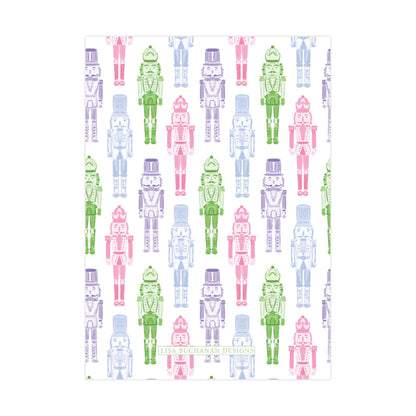 a repeating pattern of nutcracker figures in various colors, including pink, green, and purple.