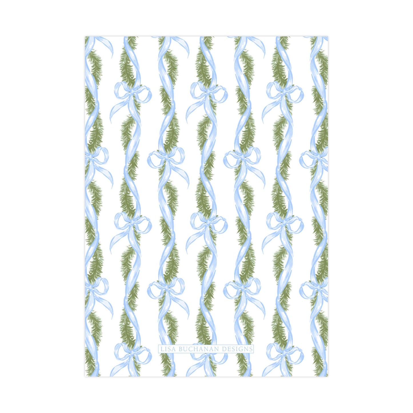 a repeating pattern of green and blue ribbons and pine branches, creating a festive and decorative design.