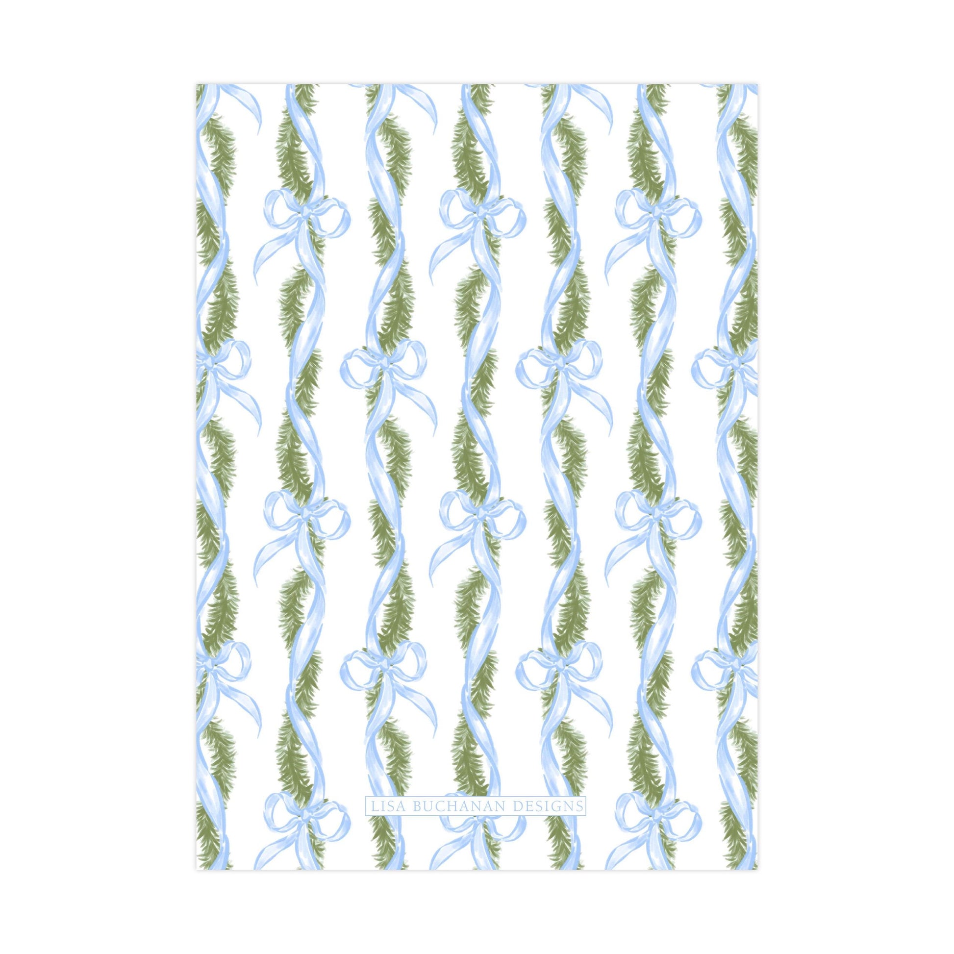 a repeating pattern of green and blue ribbons and pine branches, creating a festive and decorative design.