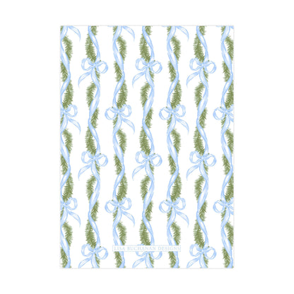 a repeating pattern of green and blue ribbons and pine branches, creating a festive and decorative design.